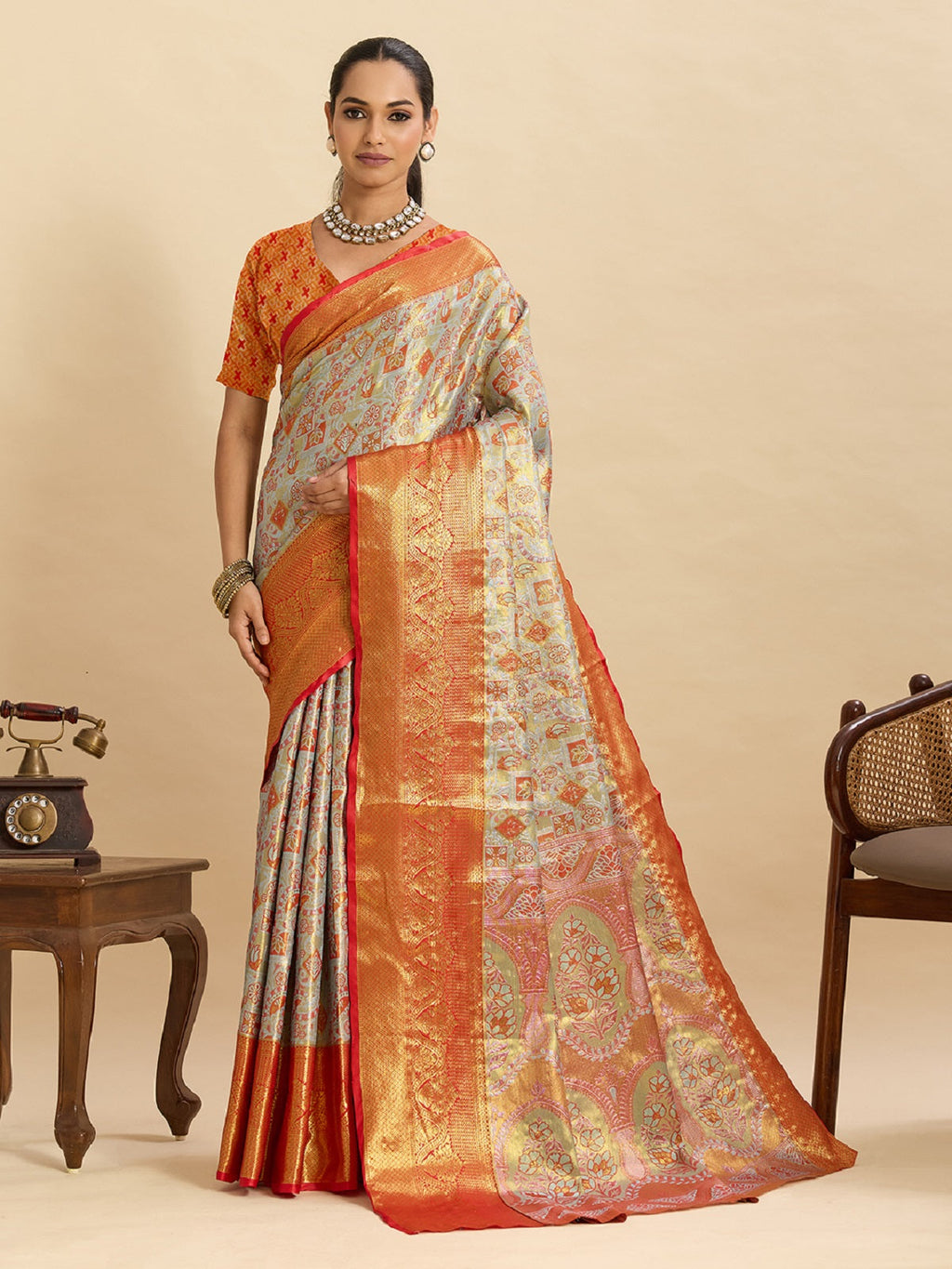 Grey Kanjivaram Silk saree with traditional Jari weaving work