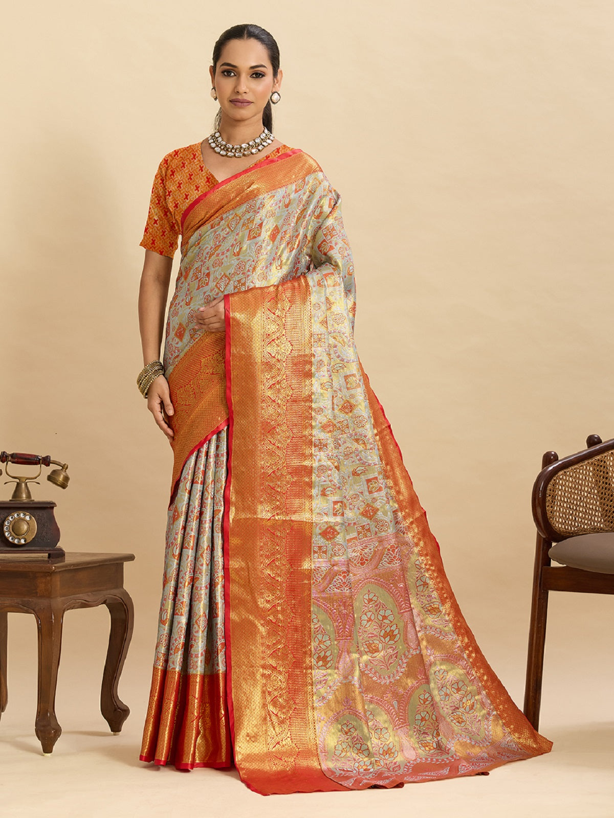 Grey Kanjivaram Silk saree with traditional Jari weaving work