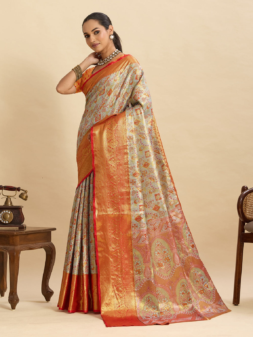 Grey Kanjivaram Silk Wedding Saree with Jari Weaving