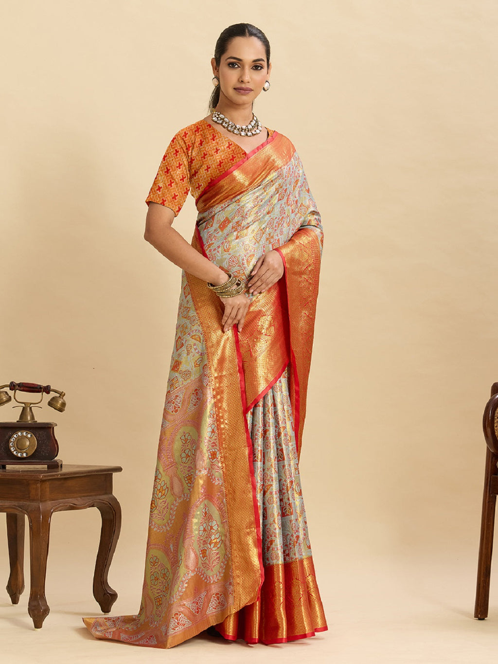 Grey Kanjivaram Silk Wedding Saree with Jari Weaving