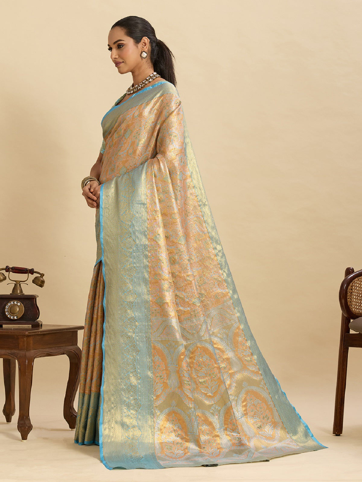 Beige Kanjivaram Silk Saree with Traditional Jari Weaving
