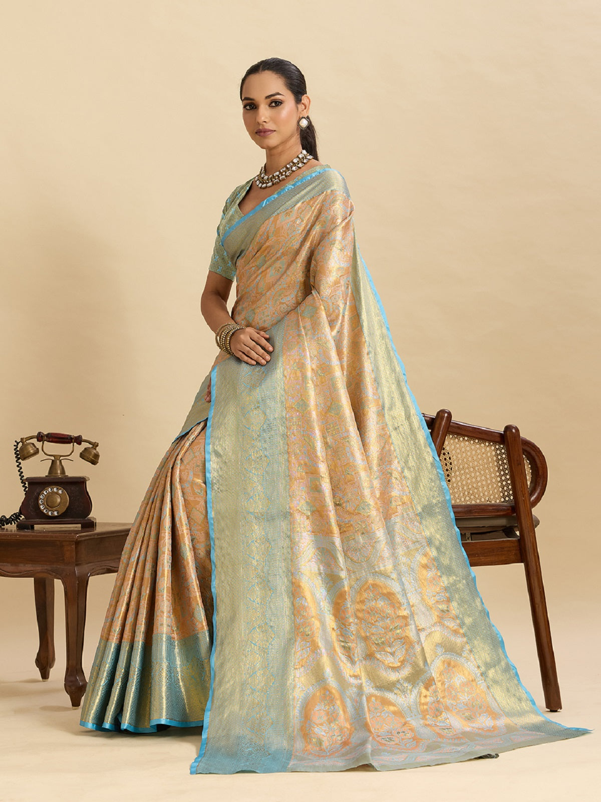 Beige Kanjivaram Silk Saree with Traditional Jari Weaving