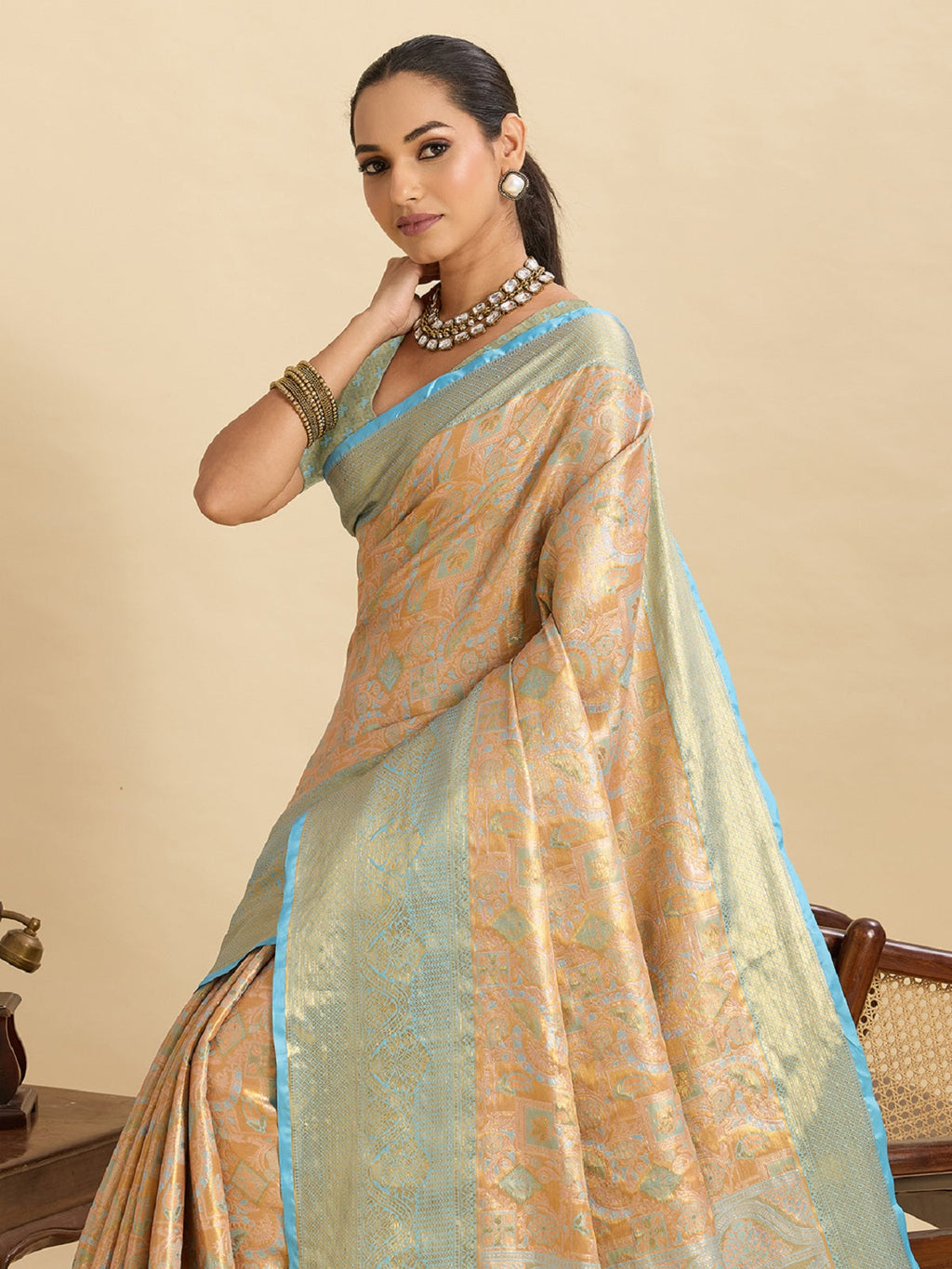 Beige Kanjivaram Silk Saree with Traditional Jari Weaving