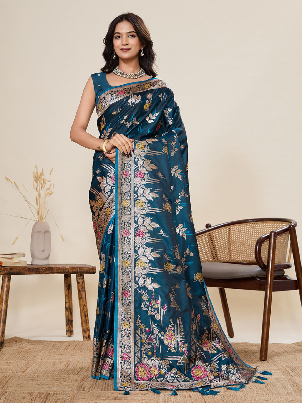 Teal Blue satin saree with gold Jari motifs in Paithani style for weddings