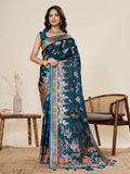 Teal Blue satin saree with gold Jari motifs in Paithani style for weddings