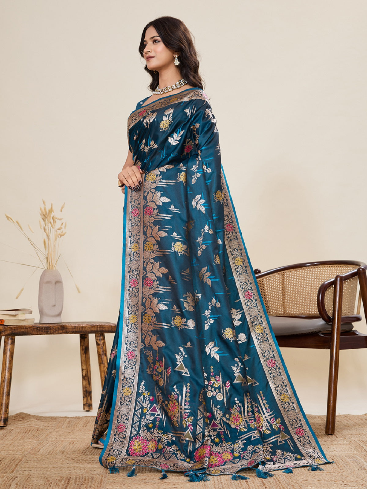 Teal Blue Satin Paithani Saree with Jari Motifs for Weddings