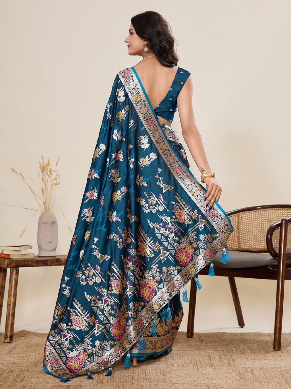 Teal Blue Satin Paithani Saree with Jari Motifs for Weddings