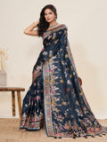 Teal Blue Satin Paithani Saree with Jari Motifs and Blouse Piece