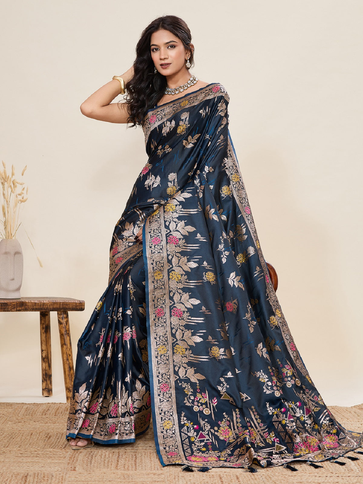 Teal Blue Satin Paithani Saree with Jari Motifs and Blouse Piece