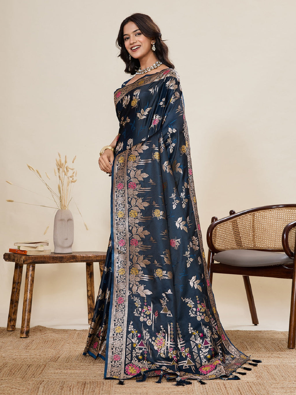 Teal Blue Satin Paithani Saree with Jari Motifs and Blouse Piece