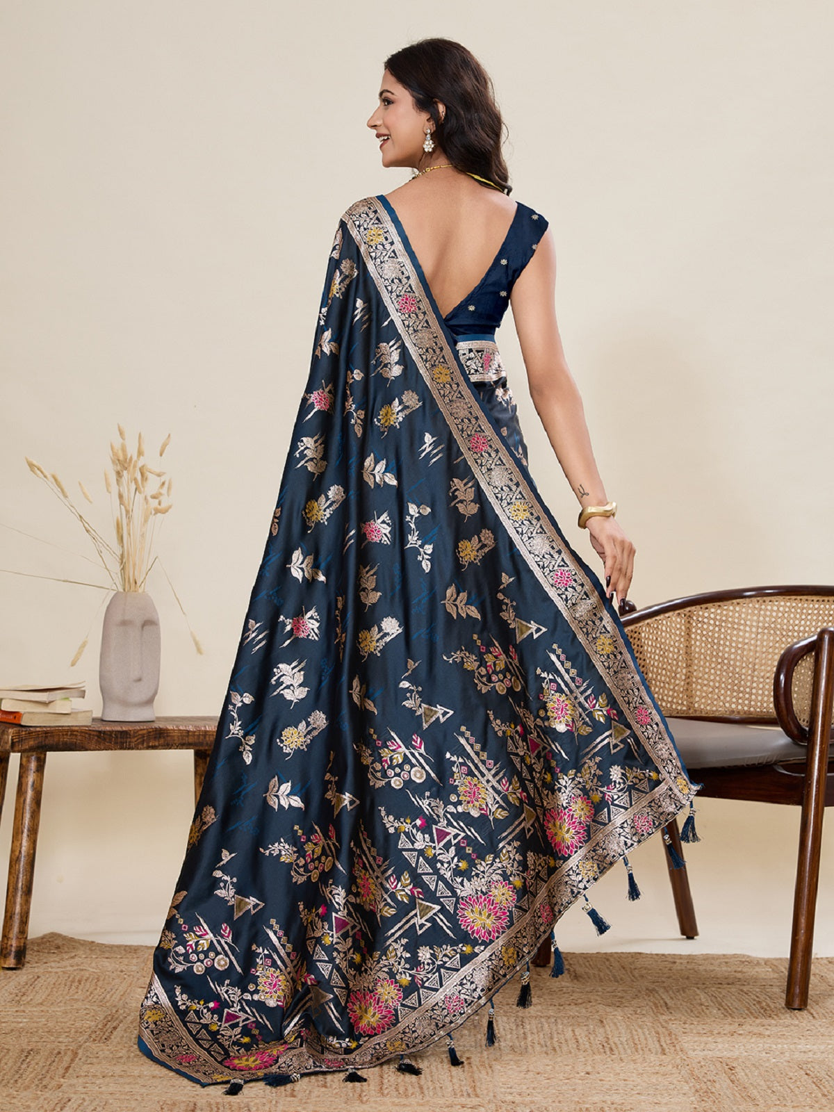 Teal Blue Satin Paithani Saree with Jari Motifs and Blouse Piece
