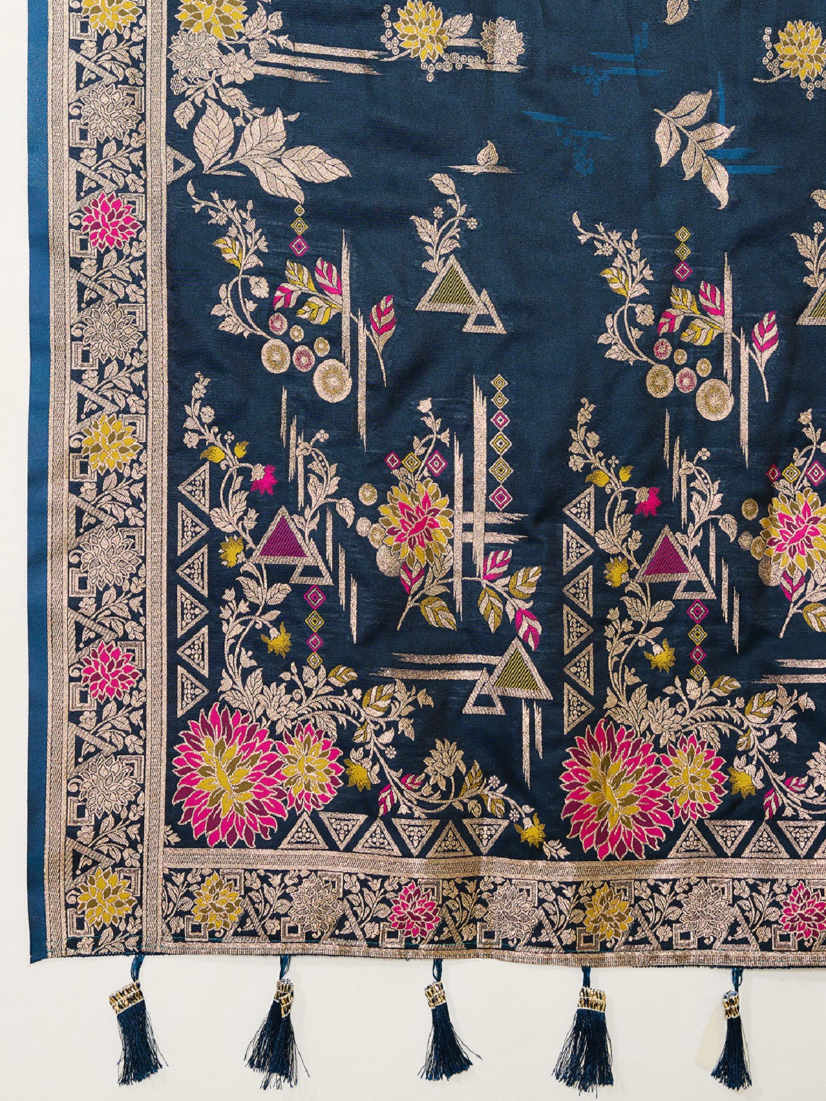 Teal Blue Satin Paithani Saree with Jari Motifs and Blouse Piece