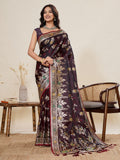 Deep maroon satin wedding saree with traditional Paithani Jari motifs