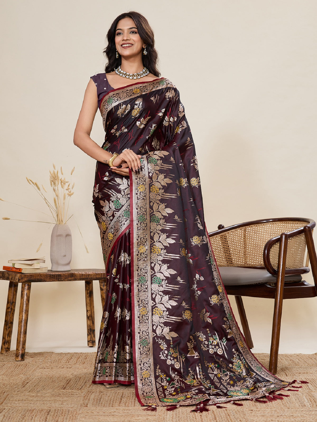 Deep maroon satin wedding saree with traditional Paithani Jari motifs