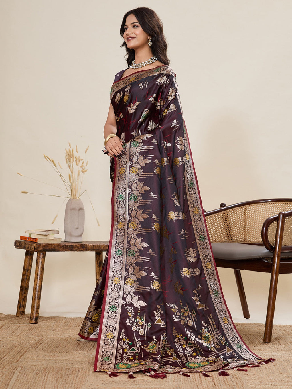 Deep Maroon Satin Paithani Saree with Jari Motifs