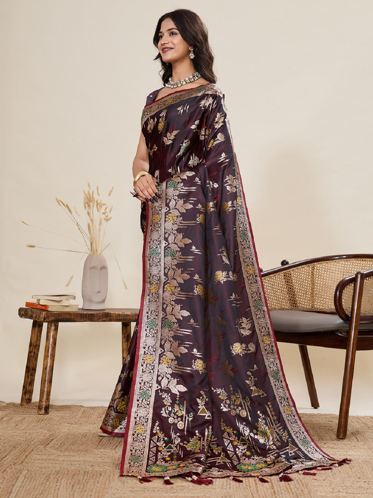 Deep Maroon Satin Paithani Saree with Jari Motifs