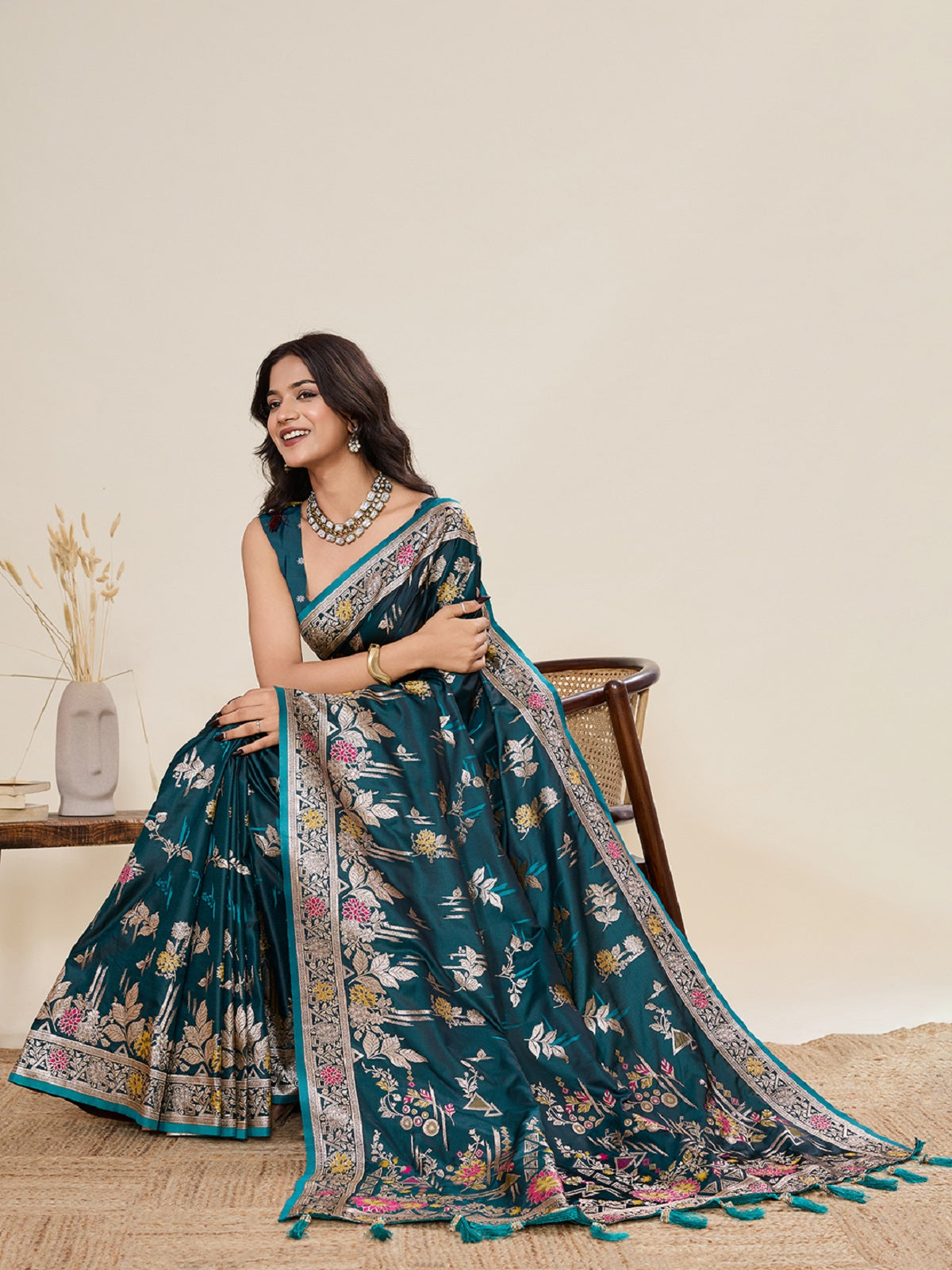 Deep teal green satin saree with Paithani Jari work and unstitched blouse