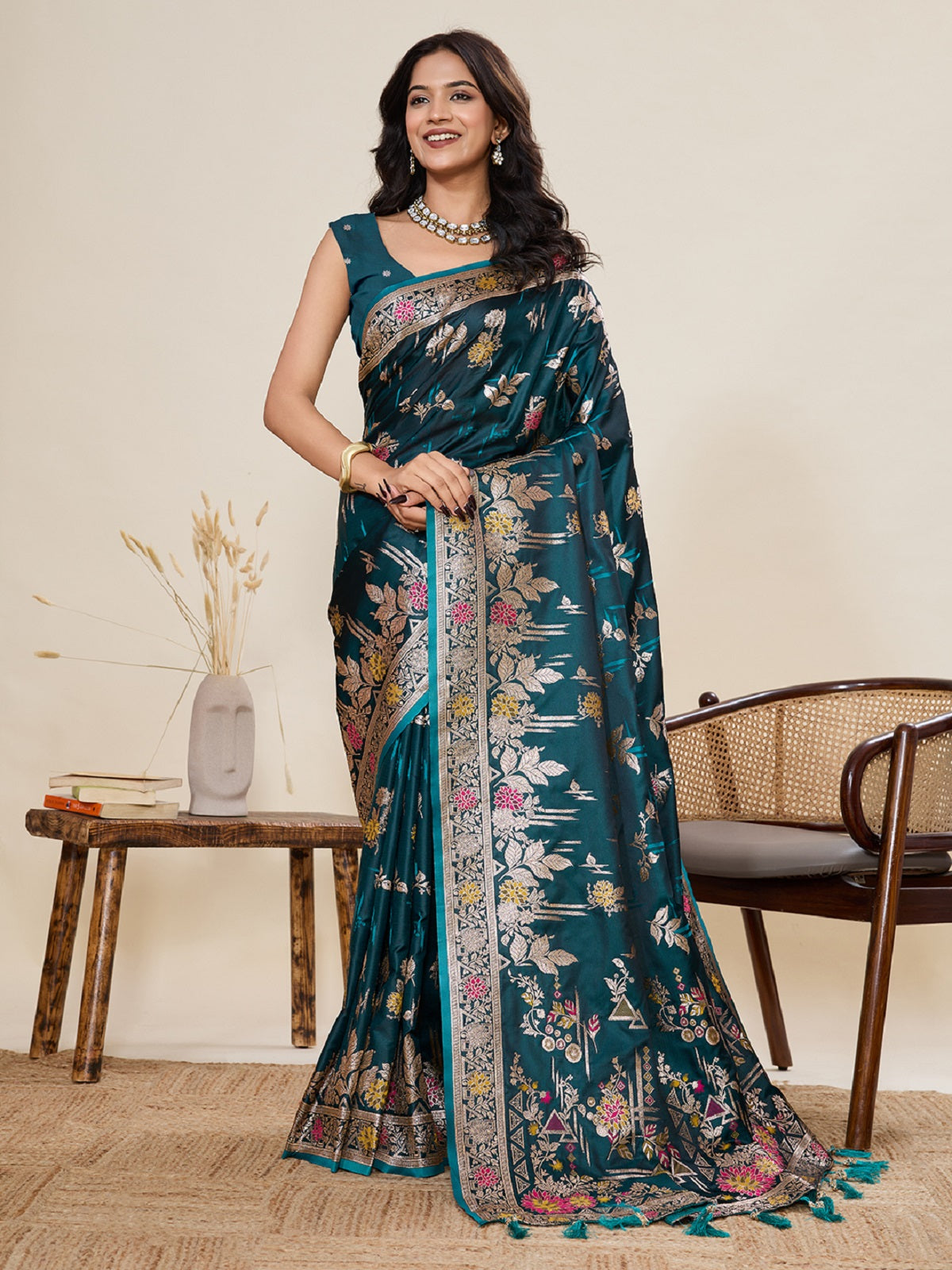Deep Teal Green Satin Paithani Jari Saree with Blouse
