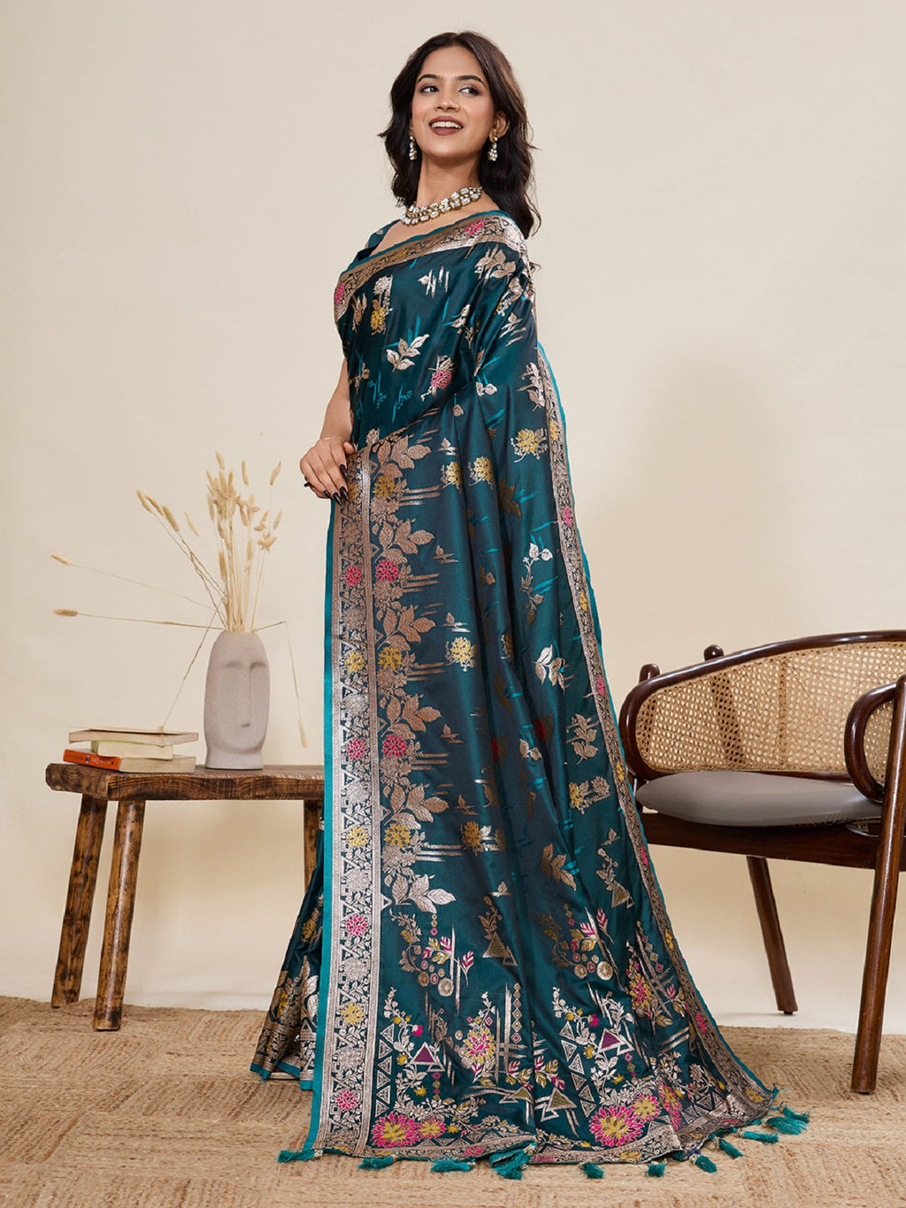 Deep Teal Green Satin Paithani Jari Saree with Blouse