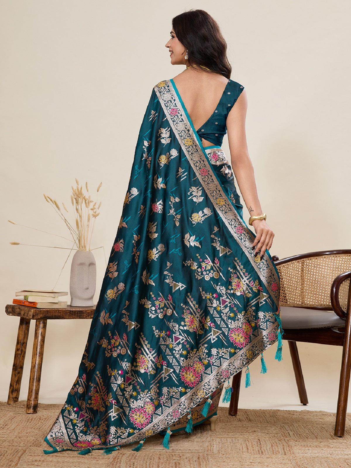 Deep Teal Green Satin Paithani Jari Saree with Blouse
