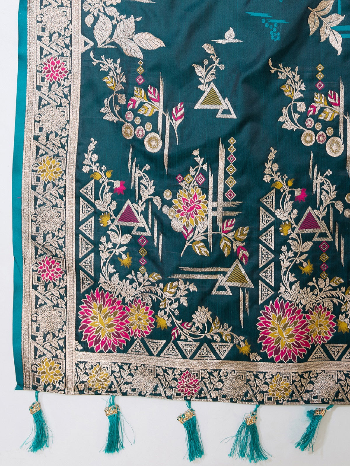 Deep Teal Green Satin Paithani Jari Saree with Blouse