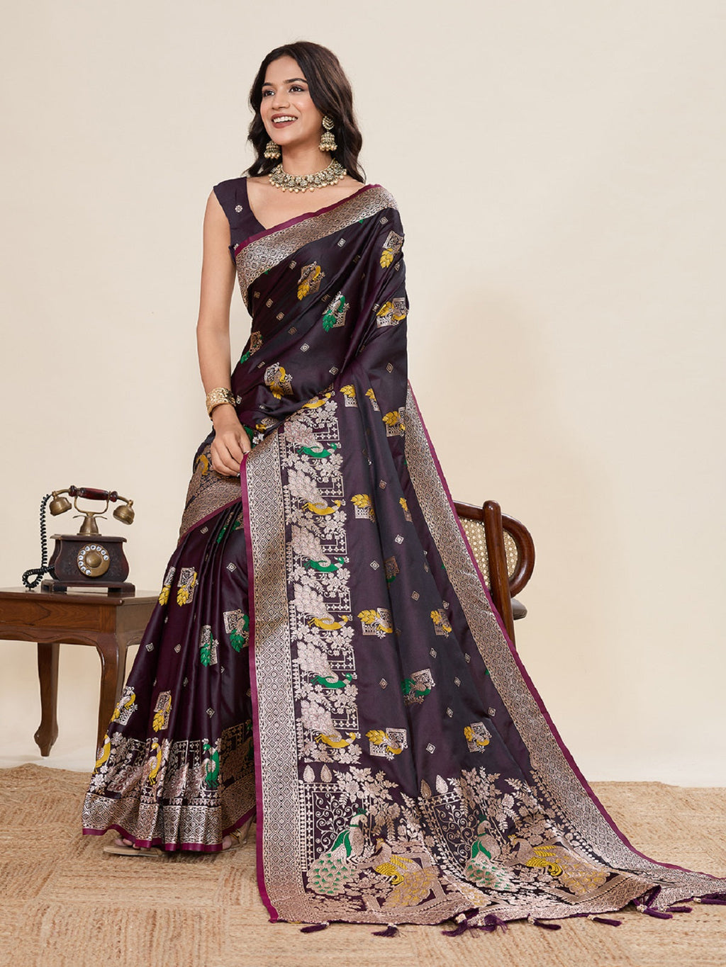 Deep Maroon Satin Paithani Wedding Saree with Jari Motifs