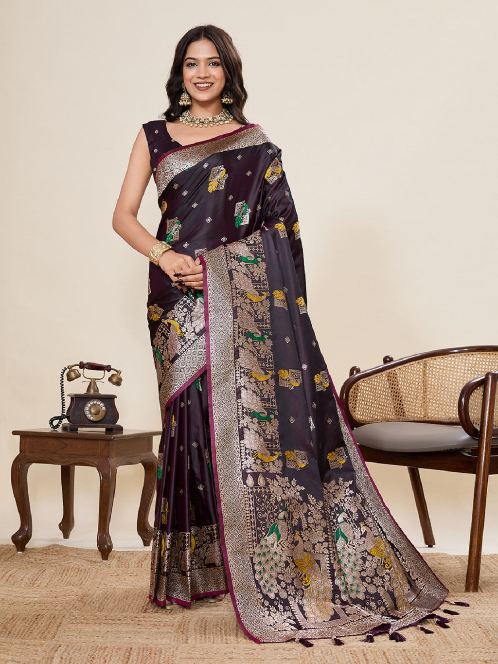 Deep Maroon Satin wedding saree with traditional gold Jari motifs