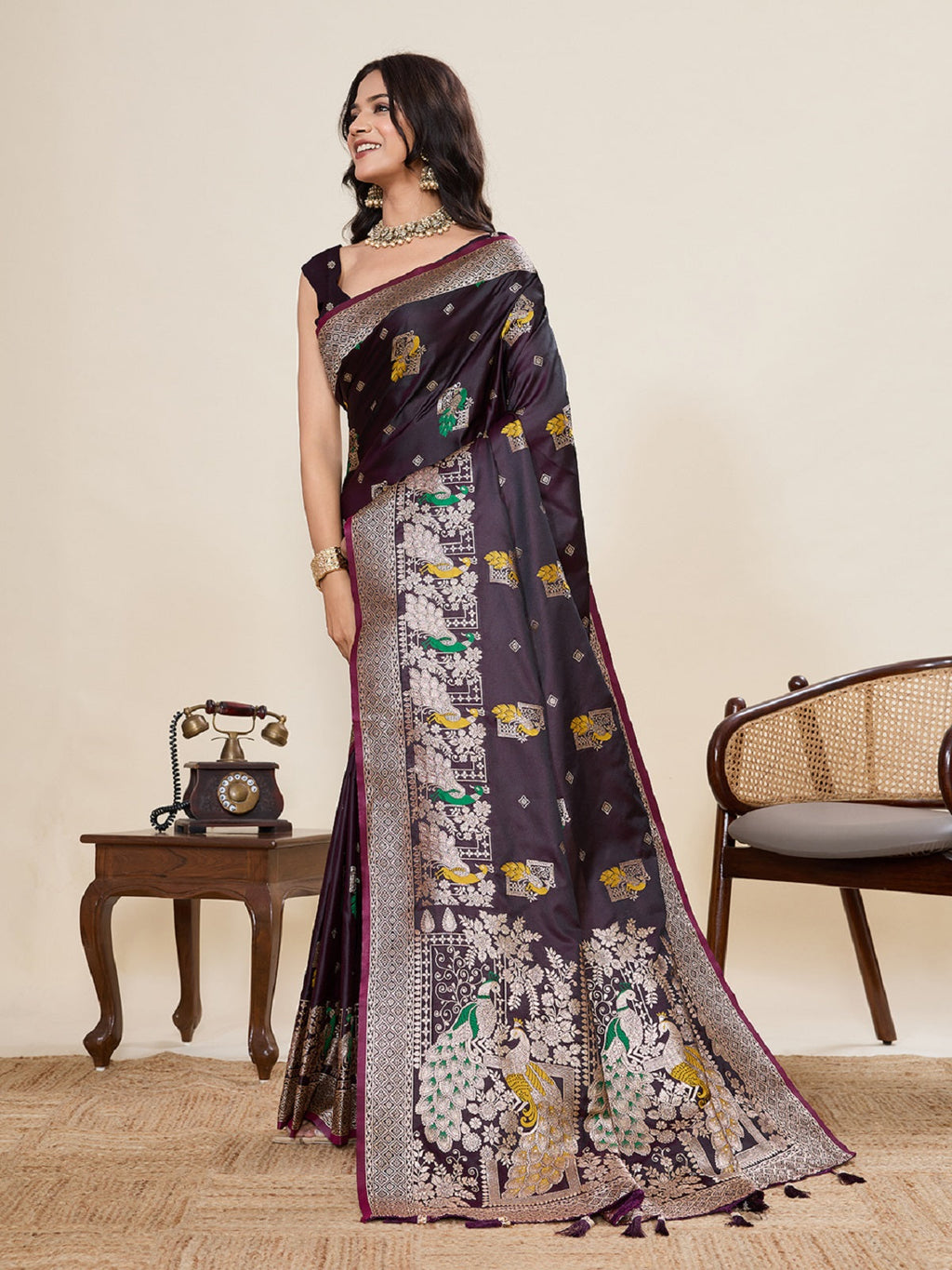 Deep Maroon Satin Paithani Wedding Saree with Jari Motifs