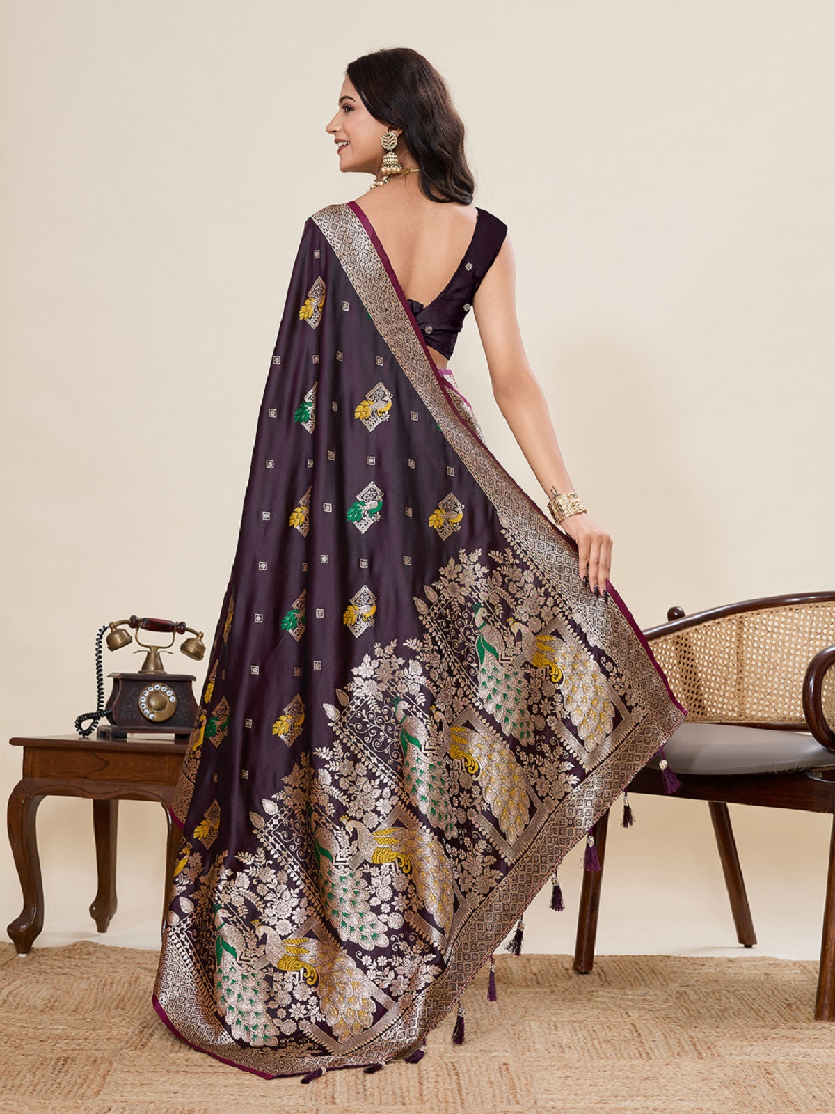 Deep Maroon Satin Paithani Wedding Saree with Jari Motifs