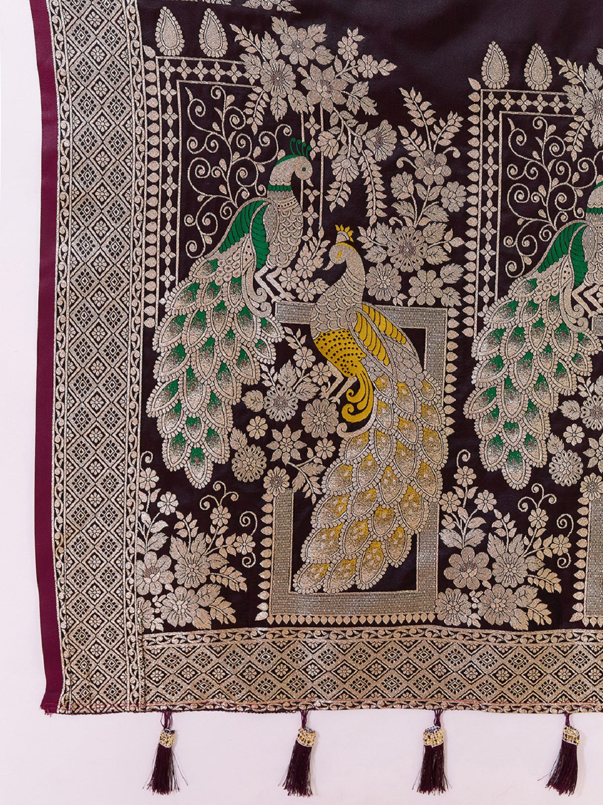 Deep Maroon Satin Paithani Wedding Saree with Jari Motifs