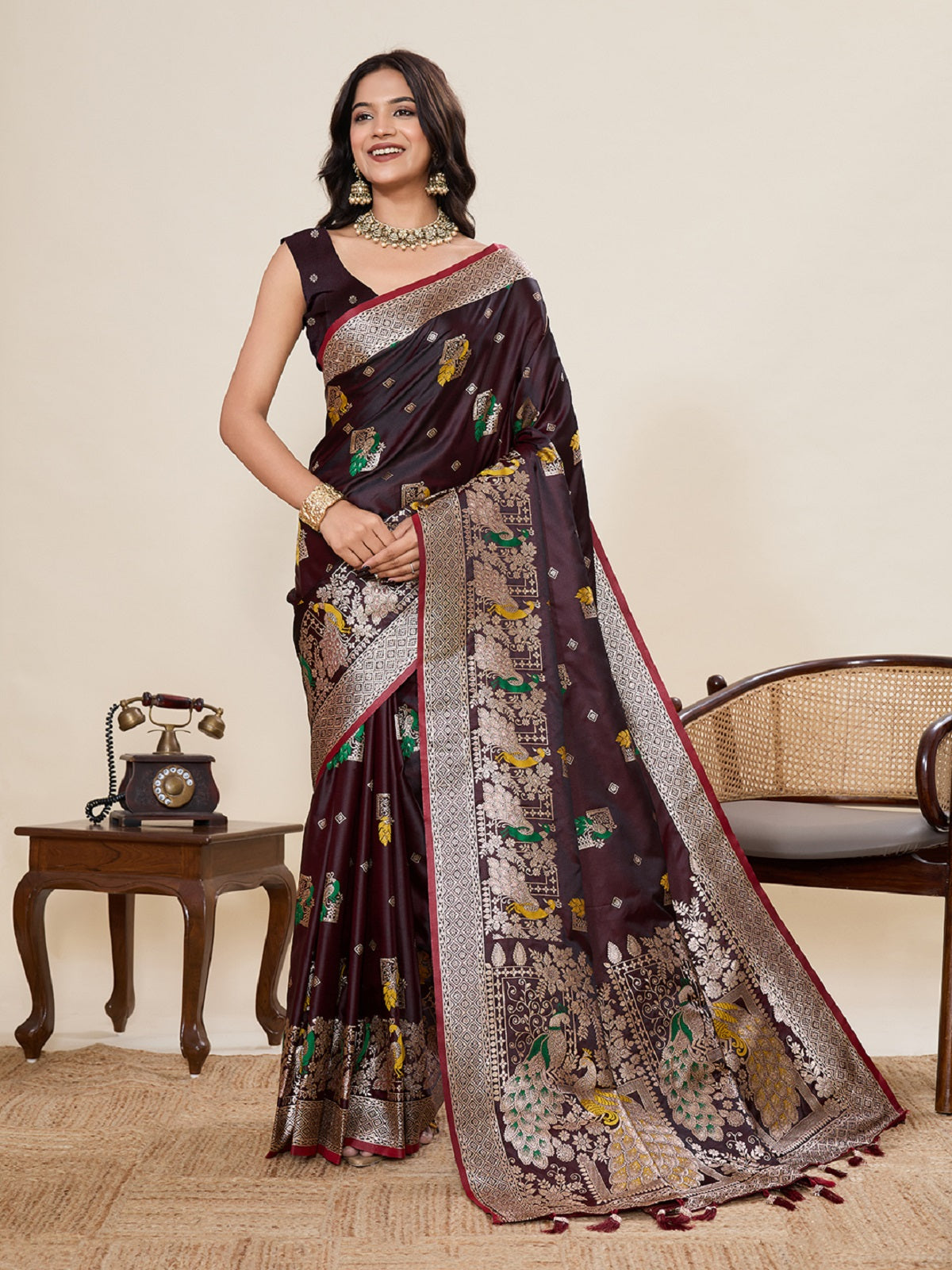 Deep Wine satin saree with intricate jari motifs and elegant drape