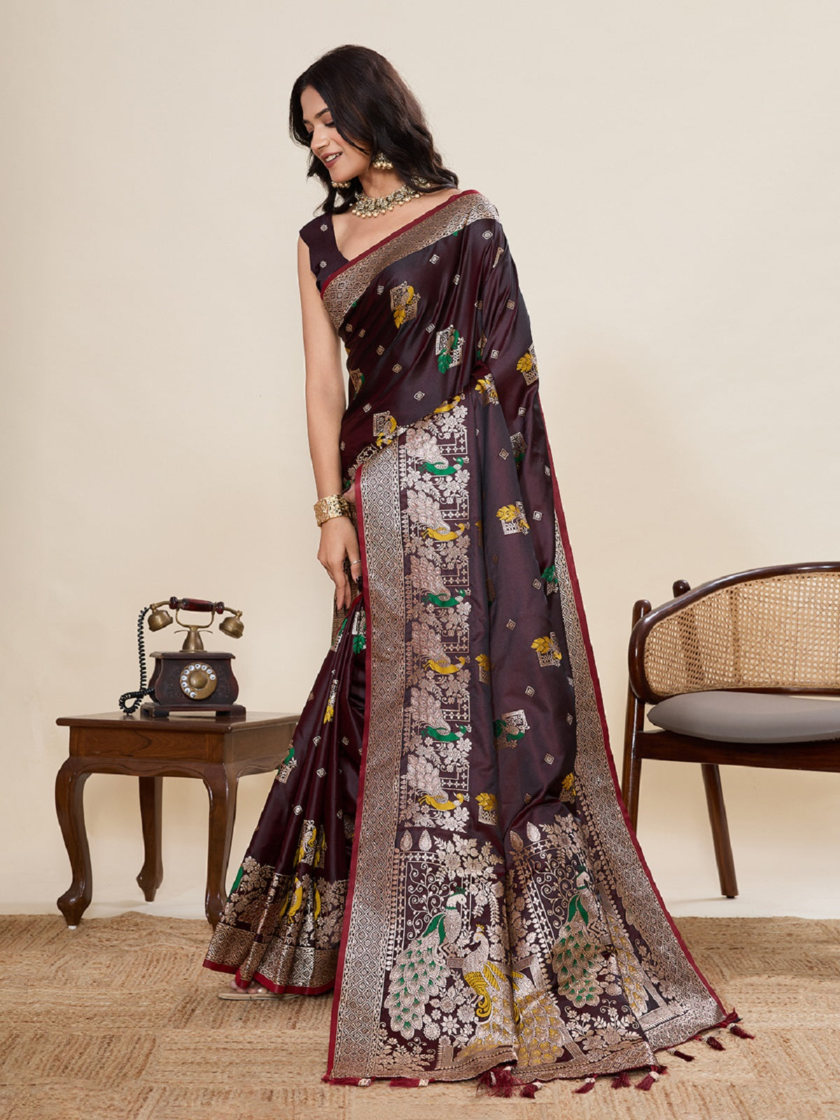 Deep Wine Satin Paithani Saree with Jari Motifs