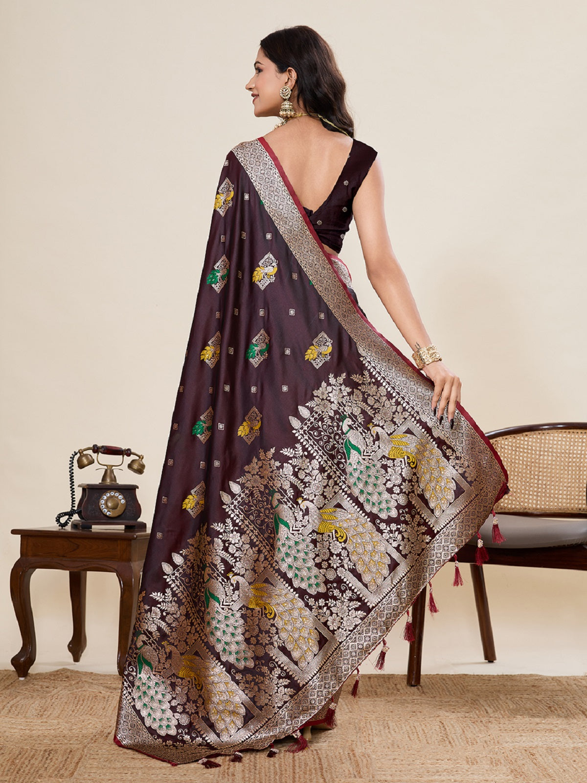 Deep Wine Satin Paithani Saree with Jari Motifs