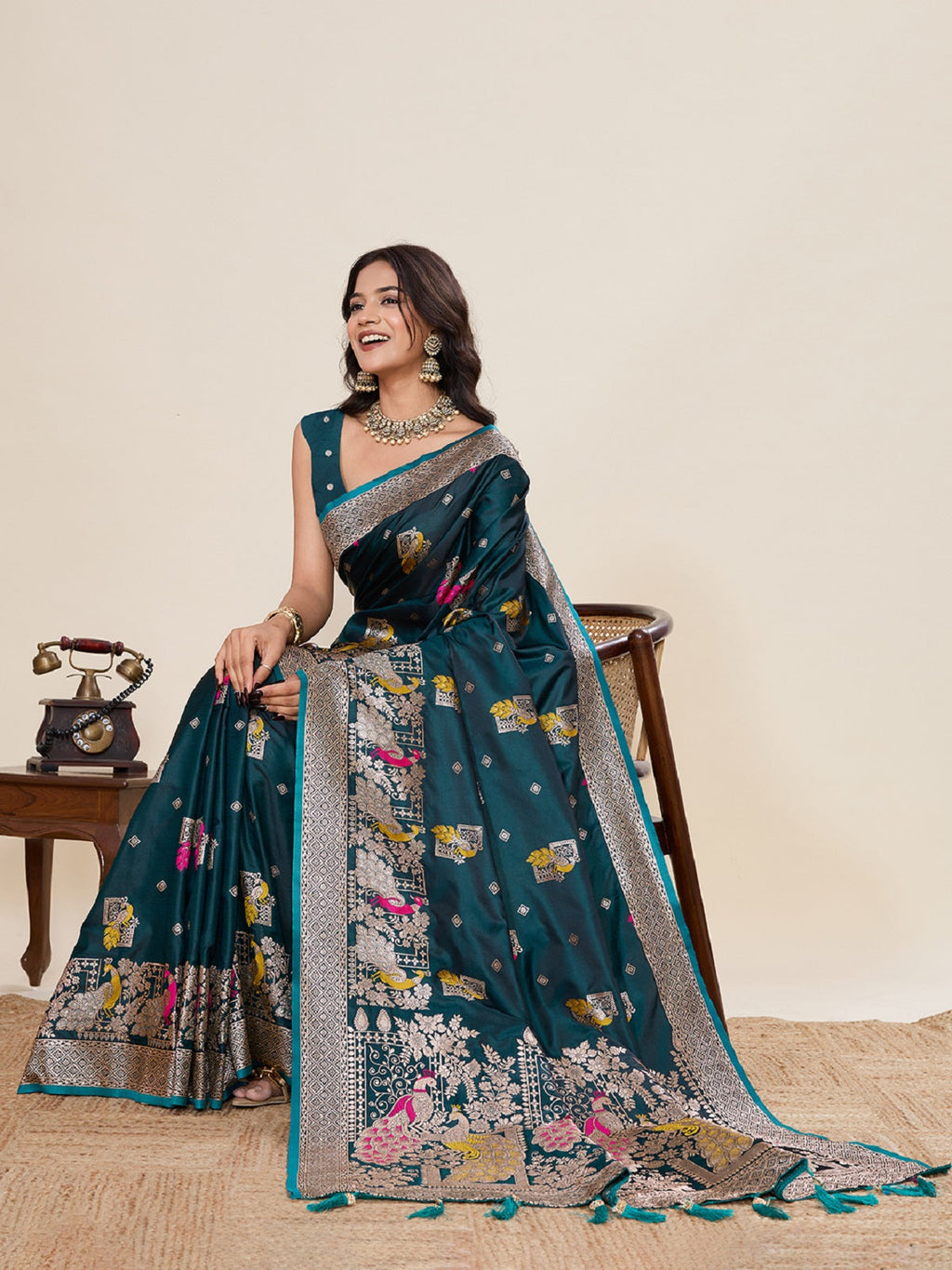 Teal Green Satin Paithani Jari Motif Wedding Saree