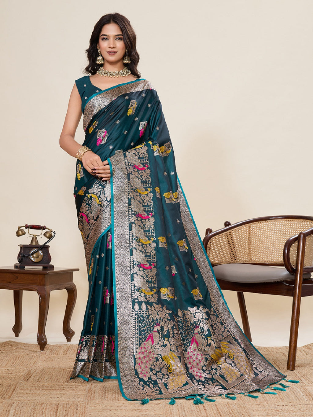 Teal green satin saree with traditional Paithani style jari motifs