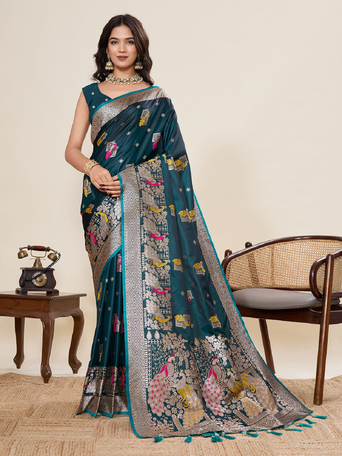 Teal green satin saree with traditional Paithani style jari motifs