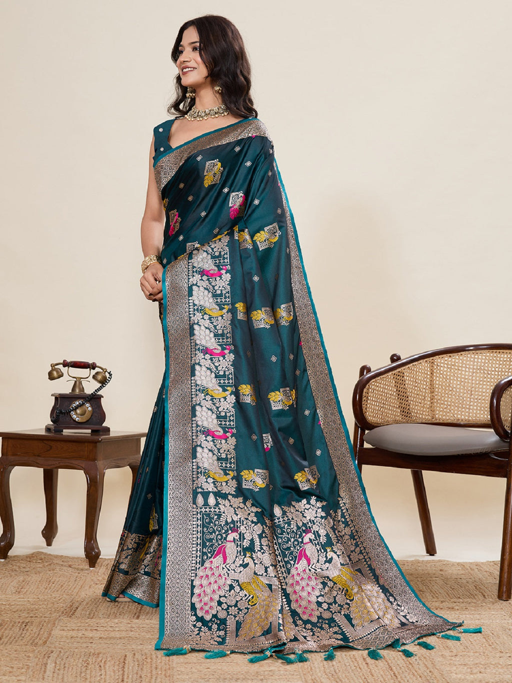 Teal Green Satin Paithani Jari Motif Wedding Saree