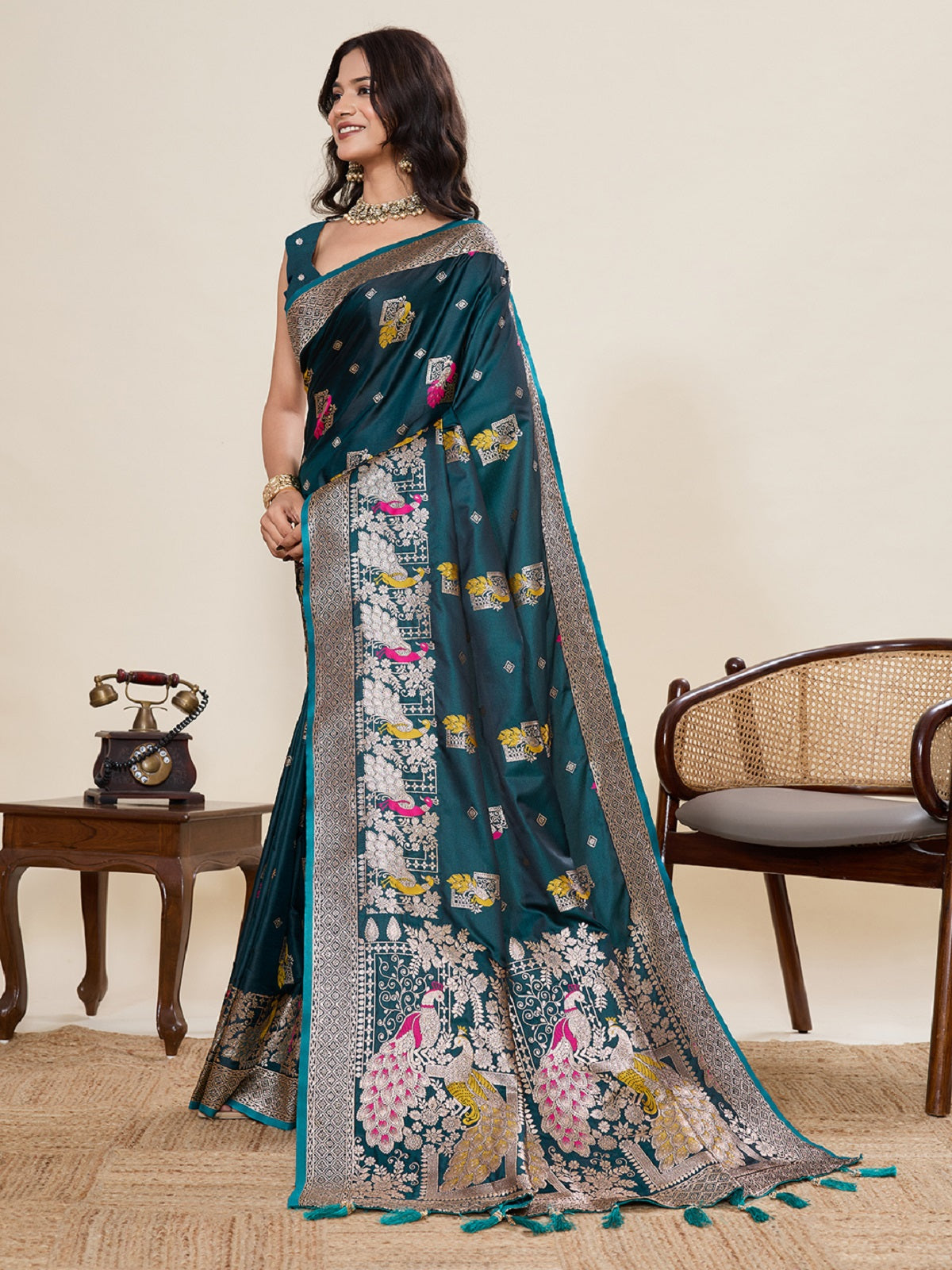 Teal Green Satin Paithani Jari Motif Wedding Saree