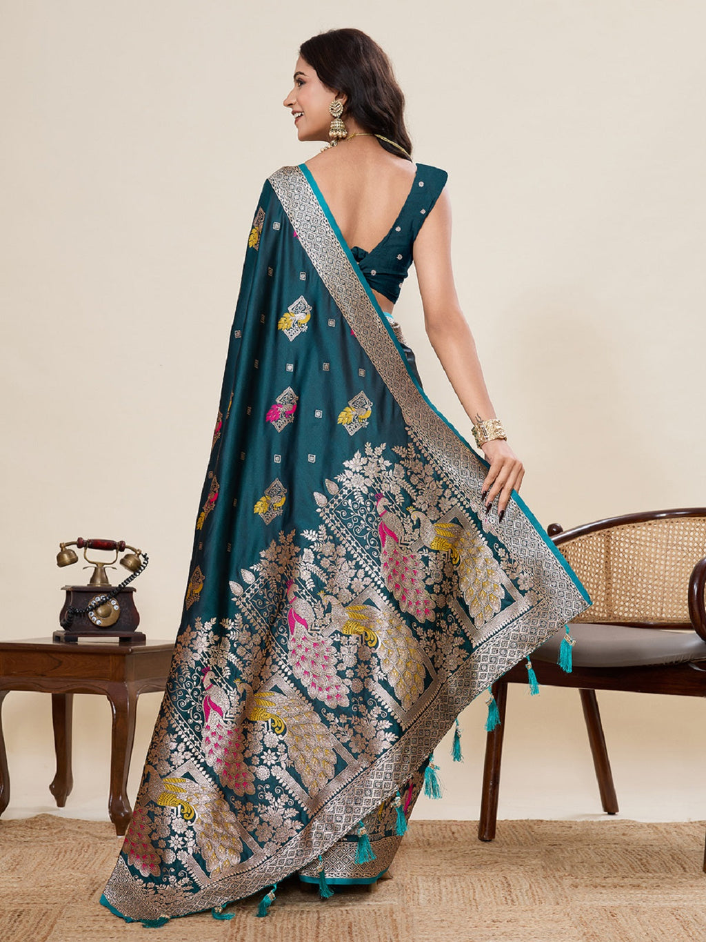 Teal Green Satin Paithani Jari Motif Wedding Saree