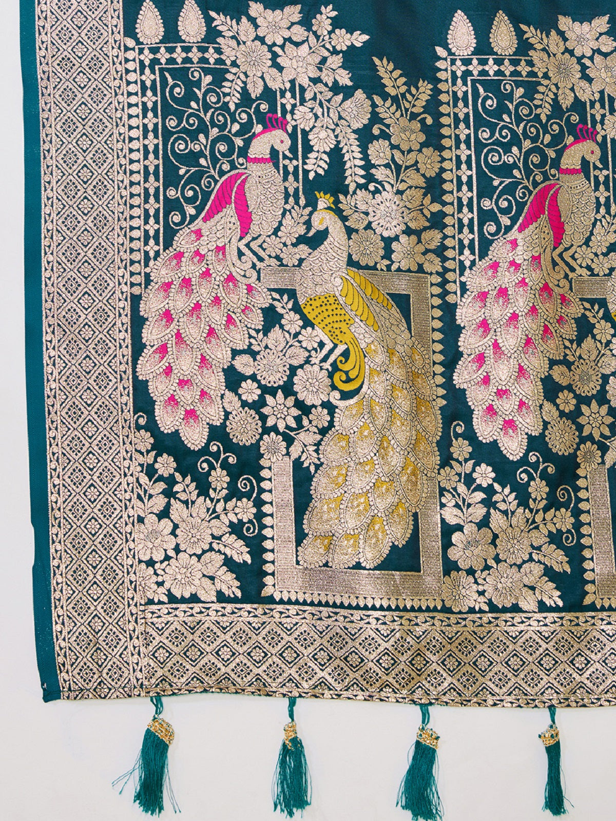 Teal Green Satin Paithani Jari Motif Wedding Saree