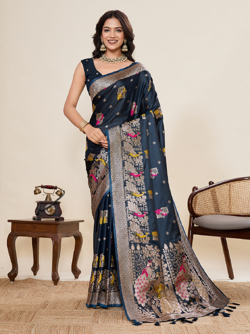 Black satin wedding saree with gold Paithani Jari motif work