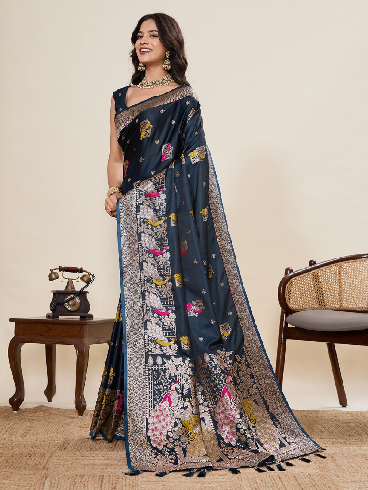 Black Satin Paithani Wedding Saree with Jari Motifs