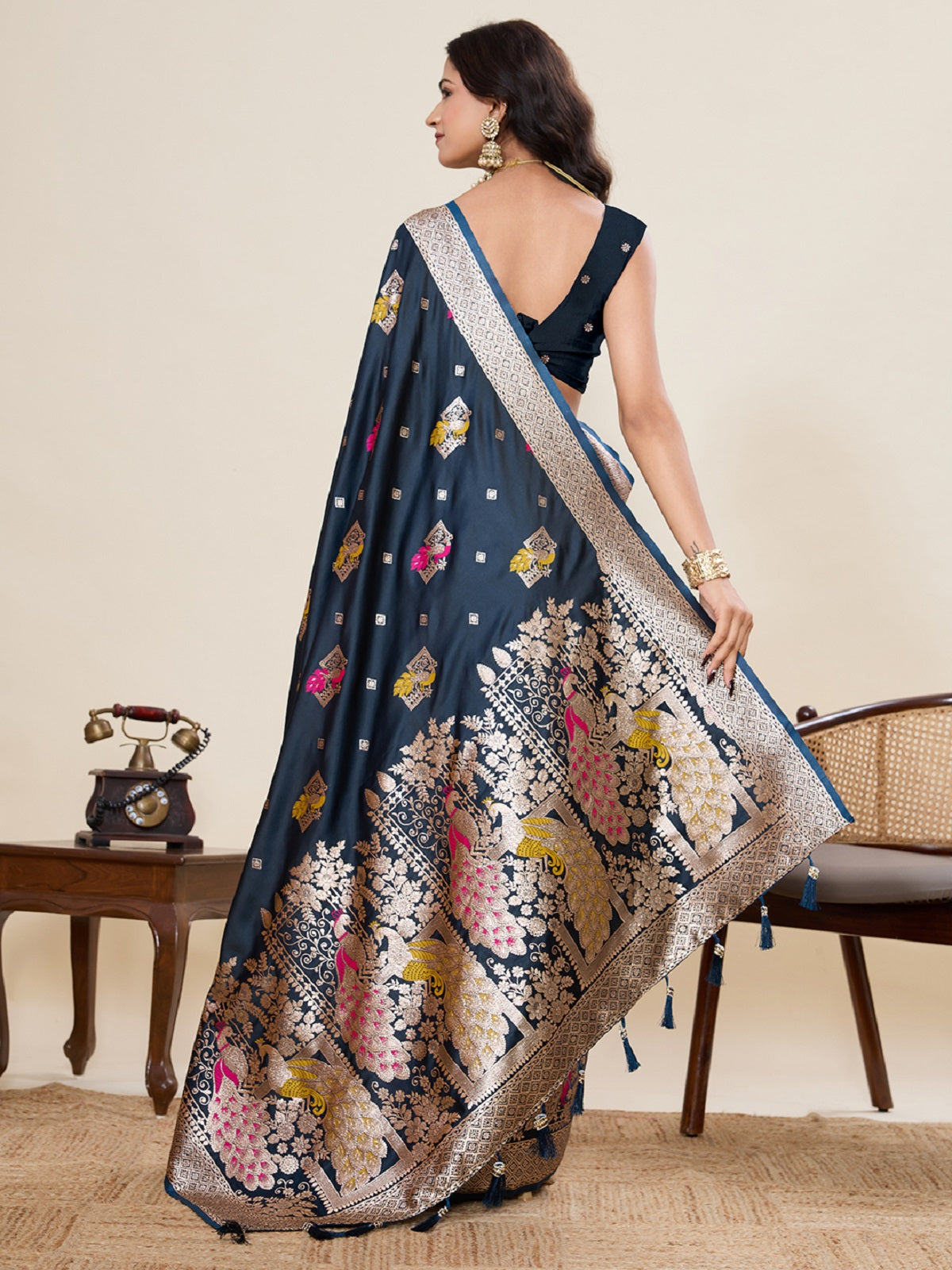Black Satin Paithani Wedding Saree with Jari Motifs