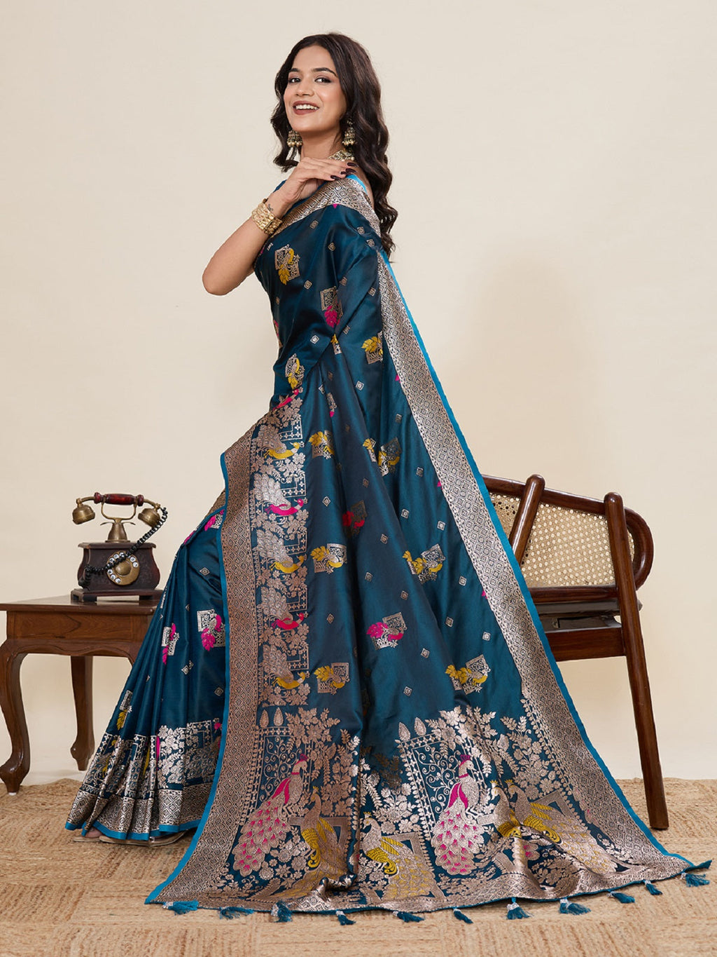 Teal Blue satin wedding saree with traditional Paithani Jari motif work