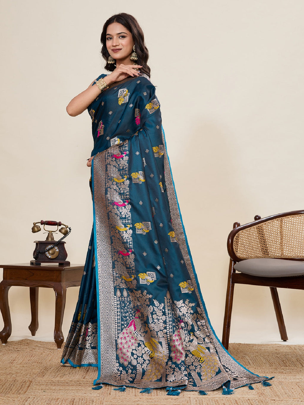 Teal Blue Satin Paithani Saree with Elegant Jari Motifs Work