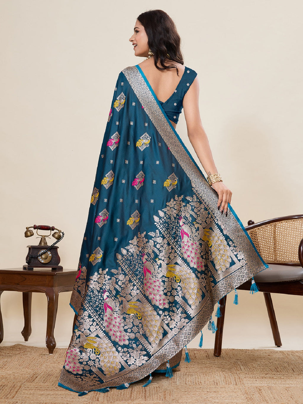 Teal Blue Satin Paithani Saree with Elegant Jari Motifs Work
