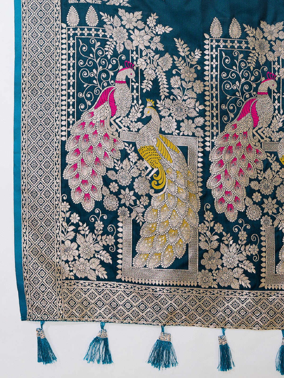 Teal Blue Satin Paithani Saree with Elegant Jari Motifs Work