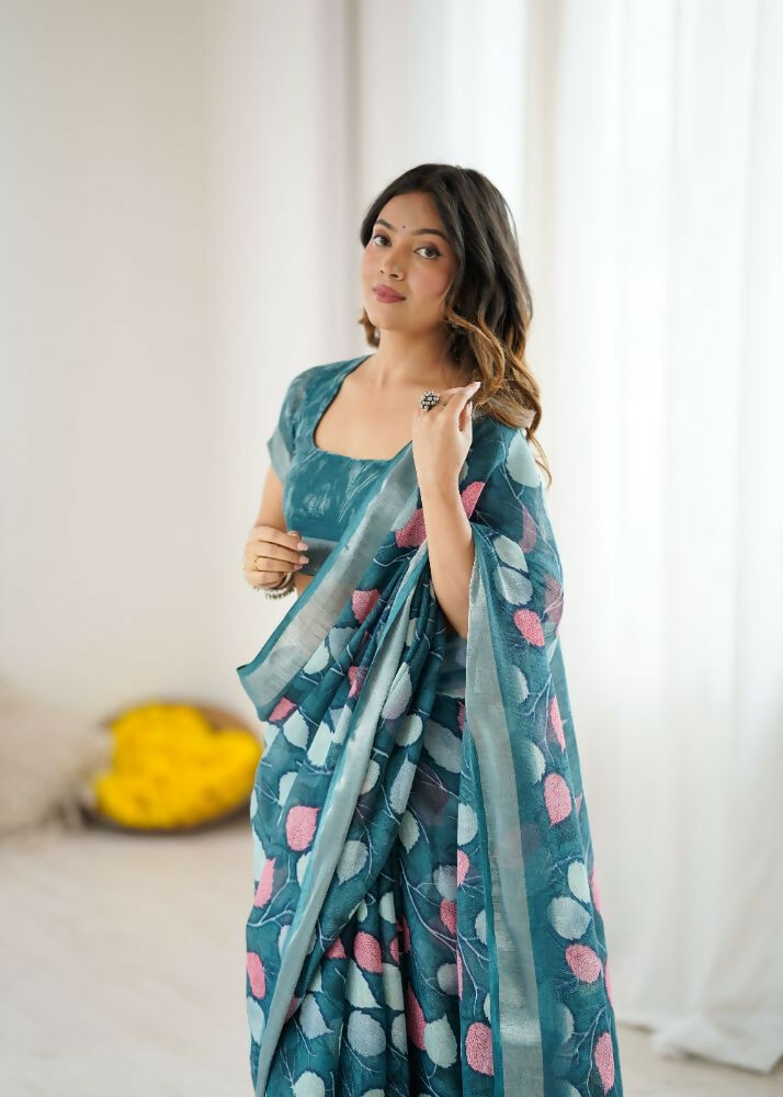 PR Fashion Morpich Linen Patta Printed Saree