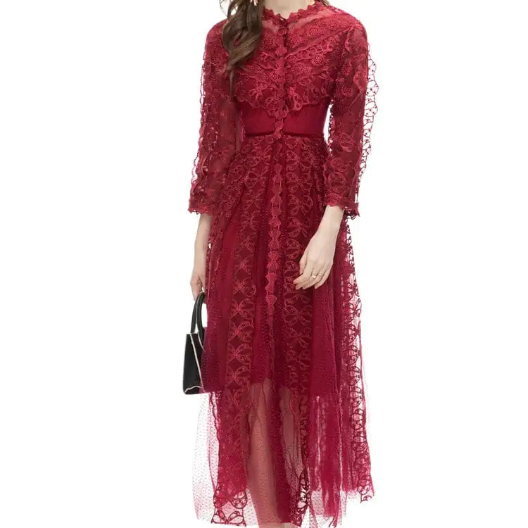 Women's Embroidered Mesh Lace Long Dress with Sheer Details - Image 10