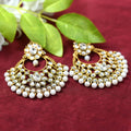Close-up of elegant golden and white beaded drop earrings on a neutral background.